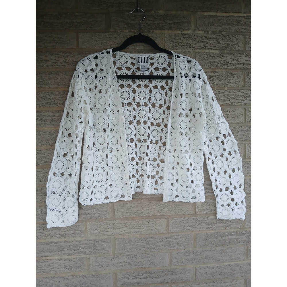 Clio Women's White Linen Blend Crocheted Sweater Size L Boho Beach